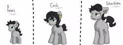 Size: 2048x757 | Tagged: safe, artist:dumbwoofer, imported from derpibooru, oc, oc only, oc:charcoal stick, earth pony, pony, age progression, colt, ear piercing, earring, earth pony oc, foal, jewelry, lidded eyes, male, multeity, nose piercing, nose ring, piercing, simple background, smiling, solo, stallion, white background