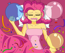 Size: 680x550 | Tagged: safe, artist:koopa-master, imported from derpibooru, pinkie pie, human, 2012, balloon, bare shoulders, confetti, female, humanized, pillow, streamers