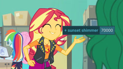 Size: 3410x1920 | Tagged: safe, edit, edited screencap, editor:itsmgh1203, imported from derpibooru, screencap, fluttershy, rainbow dash, sunset shimmer, wallflower blush, human, derpibooru, equestria girls, equestria girls series, forgotten friendship, 70000, ^^, clothes, cute, cutie mark on clothes, eyes closed, female, geode of empathy, hoodie, jewelry, leather, leather vest, magical geodes, meta, milestone, necklace, shimmerbetes, smiling, tags, vest