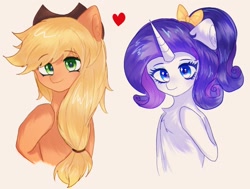 Size: 1040x788 | Tagged: safe, artist:0704jiushuang, imported from derpibooru, applejack, rarity, earth pony, pony, unicorn, alternate hairstyle, applejack's hat, bow, chest fluff, cowboy hat, female, hair bow, hat, heart, horn, lesbian, looking at you, rarijack, shipping, simple background