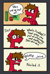 Size: 1200x1800 | Tagged: safe, artist:grandfinaleart, imported from derpibooru, oc, oc only, oc:grand finale, pegasus, pony, 3 panel comic, brown eyes, brown hair, brown mane, cans, cereal, cereal box, comic, creeper, digital art, facial hair, food, goatee, juice, pancakes, pegasus oc, red fur, simple background, solo, swearing, syrup, vulgar, waffle, wings