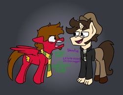 Size: 1800x1400 | Tagged: safe, artist:grandfinaleart, imported from derpibooru, oc, oc only, oc:corgi, oc:grand finale, original species, pegasus, pony, brown hair, brown mane, cap, clothes, digital art, duo, duo male, facial hair, glasses, goatee, gradient background, hat, horn, jacket, male, muttonchops, pants, pegasus oc, red fur, scarf, shirt, shoes, shorts, sideburns, simple background, smiling, spread wings, striped scarf, teasing, unicorn horn, wings, yelling
