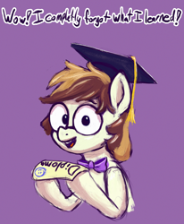Size: 2048x2487 | Tagged: safe, artist:phutashi, imported from derpibooru, oc, oc only, oc:phutashi, earth pony, pony, atg 2022, bowtie, diploma, glasses, graduation cap, hat, looking at you, male, misspelling, newbie artist training grounds, open mouth, open smile, purple background, simple background, smiling, smiling at you, solo, stallion, talking to viewer