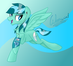 Size: 2221x2000 | Tagged: safe, artist:notadeliciouspotato, imported from derpibooru, oc, oc only, oc:wavewind, pegasus, pony, abstract background, earbuds, gradient background, male, mp3 player, open mouth, open smile, smiling, solo, spread wings, stallion, text, wings