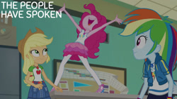 Size: 1280x720 | Tagged: safe, edit, edited screencap, editor:quoterific, imported from derpibooru, screencap, applejack, pinkie pie, rainbow dash, human, equestria girls, equestria girls series, forgotten friendship, applejack's hat, belt, clothes, cowboy hat, cutie mark on clothes, denim, denim skirt, female, geode of sugar bombs, geode of super speed, geode of super strength, hat, hoodie, magical geodes, nose in the air, open mouth, open smile, skirt, smiling, tanktop, text, trio, trio female
