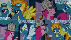 Size: 1280x720 | Tagged: safe, edit, edited screencap, editor:quoterific, imported from derpibooru, screencap, fleetfoot, pinkie pie, soarin', spitfire, earth pony, pegasus, pony, season 7, secrets and pies, clothes, detective, eyes closed, female, goggles, lockers, male, mare, open mouth, spread wings, stallion, text, uniform, wings, wonderbolts uniform