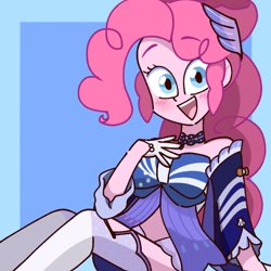 Size: 1280x1280 | Tagged: safe, artist:nene, imported from derpibooru, pinkie pie, human, equestria girls, blushing, clothes, genshin impact, gloves, japanese, looking at you, open mouth, sangonomiya kokomi (genshin impact), stockings, suzuko mimori, thigh highs, voice actor joke