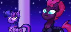 Size: 7200x3240 | Tagged: safe, artist:iceflower99, imported from derpibooru, fizzlepop berrytwist, tempest shadow, twilight sparkle, alicorn, my little pony: the movie, chest fluff, cute, ear fluff, night, scene interpretation, smiling, stars, tempestbetes, twilight sparkle (alicorn), video at source, video in description