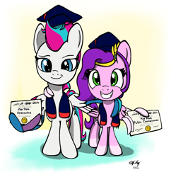 Size: 1260x1300 | Tagged: safe, artist:ebbysharp, imported from derpibooru, pipp petals, zipp storm, pegasus, pony, atg 2022, coat markings, diploma, female, g5, graduation, graduation cap, grin, hat, headband, jewelry, mare, newbie artist training grounds, regalia, royal sisters (g5), siblings, sisters, smiling, socks (coat markings), wing hands, wings