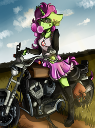 Size: 1550x2092 | Tagged: source needed, useless source url, safe, artist:yuris, imported from derpibooru, oc, oc only, anthro, plantigrade anthro, unicorn, biker, biker jacket, boots, bubblegum, butt, clothes, curly hair, female, field trip, floppy ears, food, glasses, gum, horn, jacket, leather, leather jacket, motorcycle, plot, shoes, skirt, solo, swirly eyes, unicorn oc, wingding eyes