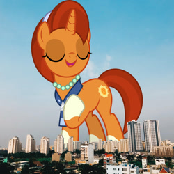 Size: 3024x3024 | Tagged: safe, artist:dashiesparkle, artist:thegiantponyfan, imported from derpibooru, stellar flare, pony, unicorn, coat markings, female, giant pony, giant stellar flare, giant unicorn, giantess, high res, highrise ponies, ho chi minh, irl, jewelry, macro, mare, mega giant, necklace, pearl necklace, photo, ponies in real life, socks (coat markings), vietnam