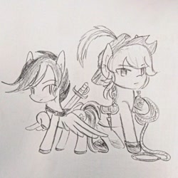 Size: 640x640 | Tagged: safe, artist:snowzaaah, imported from derpibooru, applejack, rainbow dash, earth pony, pegasus, pony, alternate design, alternate hairstyle, appledash, appledashdailydoodles, doodle, female, lesbian, monochrome, pencil drawing, rope, shipping, sketch, sword, traditional art, weapon