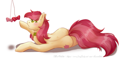 Size: 2778x1338 | Tagged: safe, artist:blueomlette, imported from derpibooru, roseluck, earth pony, pony, behaving like a cat, bow, butt, collar, commission, commissioner:doom9454, cute, lying down, pet tag, plot, pony pet, rosabetes, rosepet, simple background, solo, spine, white background