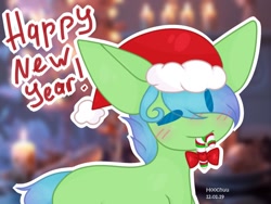 Size: 1280x960 | Tagged: safe, artist:hoochuu, imported from derpibooru, oc, oc only, earth pony, pony, base used, candy, candy cane, christmas, commission, earth pony oc, food, happy new year, hat, holiday, mouth hold, one eye closed, santa hat, smiling, solo, wink, ych result