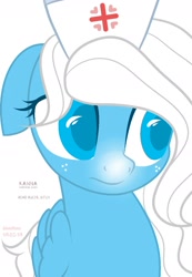 Size: 1280x1851 | Tagged: safe, artist:hoochuu, imported from derpibooru, oc, oc only, oc:icy heart, pegasus, pony, base used, commission, eyelashes, female, floppy ears, freckles, hat, mare, nurse hat, pegasus oc, simple background, smiling, solo, white background, wings, ych result