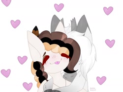 Size: 1280x960 | Tagged: safe, artist:hoochuu, imported from derpibooru, oc, oc only, earth pony, pony, :p, broken horn, commission, earth pony oc, heart, horn, horns, hug, oc x oc, shipping, simple background, smiling, tongue out, white background, ych result