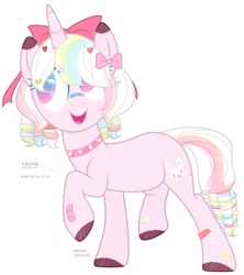 Size: 1280x1440 | Tagged: safe, artist:hoochuu, imported from derpibooru, oc, oc only, pony, unicorn, base used, bow, choker, commission, female, hair bow, hoof polish, horn, mare, raised hoof, simple background, smiling, solo, spiked choker, unicorn oc, white background, ych result