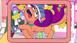 Size: 3500x1954 | Tagged: safe, imported from derpibooru, screencap, sunny starscout, earth pony, pegasus, pony, spoiler:g5, spoiler:my little pony: tell your tale, spoiler:tyts01e21, banana, bandana, cellphone, cherry flyaway, colt, female, foal, food, g5, helmet, majestic as fuck, male, mare, my bananas, my little pony: tell your tale, phone, photobomb, roller skates, smartphone, solo focus, stallion