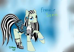 Size: 3507x2480 | Tagged: safe, artist:diankave, imported from derpibooru, earth pony, pony, abstract background, bracelet, clothes, female, frankie stein, jewelry, mare, monster high, ponified, raised hoof, skirt, solo