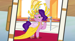 Size: 3500x1951 | Tagged: safe, imported from derpibooru, screencap, pipp petals, pegasus, pony, spoiler:g5, spoiler:my little pony: tell your tale, spoiler:tyts01e21, cellphone, clothes, crown, dress, female, g5, headdress, jewelry, looking at you, mare, my bananas, my little pony: tell your tale, phone, pipp petals always dresses in style, regalia, smartphone, solo