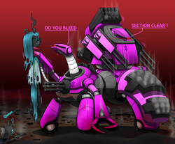 Size: 2173x1795 | Tagged: safe, artist:questionmarkdragon, imported from derpibooru, queen chrysalis, changeling, changeling queen, robot, fallout equestria, choking, female, solo