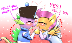 Size: 2489x1502 | Tagged: safe, artist:questionmarkdragon, imported from derpibooru, scootaloo, spike, dragon, pegasus, pony, abstract background, blushing, choker, clothes, dialogue, dress, female, filly, foal, hat, heart, male, request, scootaspike, shipping, straight, tomboy taming