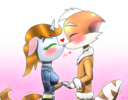 Size: 1679x1316 | Tagged: safe, artist:questionmarkdragon, imported from derpibooru, oc, oc:littlepip, anthro, fox, unicorn, fallout equestria, abstract background, blushing, clothes, ear blush, floppy ears, hetero littlepip, holding hands, horn, jumpsuit, oc x oc, shipping, unicorn oc, vault suit