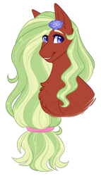 Size: 1261x2200 | Tagged: safe, artist:purplegrim40, imported from derpibooru, oc, oc only, earth pony, pony, bust, chest fluff, earth pony oc, female, flower, flower in hair, mare, rose, simple background, smiling, solo, transparent background