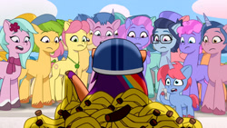 Size: 3410x1920 | Tagged: safe, imported from derpibooru, screencap, sunny starscout, earth pony, pegasus, pony, unicorn, spoiler:g5, spoiler:my little pony: tell your tale, spoiler:tyts01e21, alpine aspen, background pony audience, banana, cellphone, clothes, colt, dahlia, female, flower, flower in hair, foal, food, frown, g5, glasses, helmet, high res, jewelry, kazoo (g5), male, mare, my bananas, my little pony: tell your tale, necklace, open mouth, phone, plum library, posey bloom, scarf, smartphone, stallion, sugarpuff lilac, youtube link