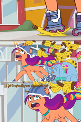 Size: 1290x1935 | Tagged: safe, edit, edited screencap, imported from derpibooru, screencap, sunny starscout, earth pony, pony, spoiler:g5, spoiler:tyts01e21, banana, banana peel, cart, comic, female, food, g5, henry kissinger, horton hears a who!, mare, my bananas, my little pony: tell your tale, roller skates, screencap comic, slipping, smoothie, sticker