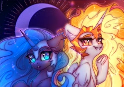 Size: 4000x2800 | Tagged: safe, artist:radioaxi, imported from derpibooru, daybreaker, nightmare moon, alicorn, pony, cute, diabreaker, duo, evil sisters, female, frog (hoof), grin, helmet, jewelry, mare, moonabetes, regalia, smiling, underhoof