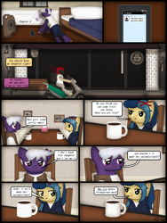 Size: 1750x2333 | Tagged: safe, artist:99999999000, imported from derpibooru, oc, oc only, oc:firearm king, oc:su wendi, earth pony, pony, comic:journey, bed, bedroom, cellphone, clothes, coffee, comic, duo, female, male, motorcycle, mug, phone, smartphone