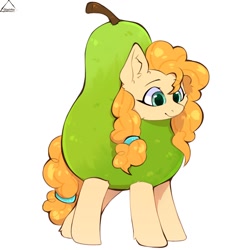 Size: 1100x1100 | Tagged: safe, artist:glazirka, imported from derpibooru, pear butter, earth pony, pony, clothes, commission, costume, female, food, food costume, fruit, fruit costume, mare, pear, pear costume, simple background, solo, white background