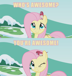 Size: 1200x1272 | Tagged: safe, edit, edited screencap, imported from derpibooru, screencap, fluttershy, bird, pegasus, pony, winter wrap up, caption, cute, female, image macro, impact font, mare, one eye closed, shyabetes, smiling, snow, solo, text, wink