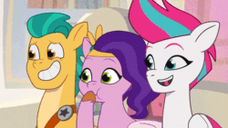 Size: 600x338 | Tagged: safe, imported from derpibooru, screencap, hitch trailblazer, pipp petals, zipp storm, earth pony, pegasus, pony, spoiler:g5, spoiler:my little pony: tell your tale, spoiler:tyts01e21, animated, covering mouth, female, g5, gif, grin, high res, jewelry, laughing, looking at you, male, mare, my bananas, my little pony: tell your tale, regalia, smiling, stallion, trio, youtube link