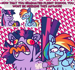 Size: 5912x5496 | Tagged: safe, artist:threetwotwo32232, imported from derpibooru, rainbow dash, twilight sparkle, alicorn, pegasus, pony, aaaaaaaaaa, comic, duo, duo female, female, mare, mouth hold, ripping, screaming, simple background, sticker, transparent background, twilight sparkle (alicorn)