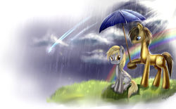 Size: 2100x1300 | Tagged: safe, alternate version, artist:aquagalaxy, imported from derpibooru, derpy hooves, doctor whooves, time turner, earth pony, pegasus, pony, crying, doctorderpy, female, male, mare, rain, rainbow, shipping, stallion, straight, umbrella, wallpaper