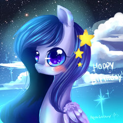 Size: 1000x1000 | Tagged: safe, artist:aquagalaxy, imported from derpibooru, oc, oc only, pegasus, pony, birthday, blushing, bust, solo, stars