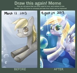 Size: 784x744 | Tagged: safe, artist:aquagalaxy, imported from derpibooru, derpy hooves, pegasus, pony, :p, bubble, comparison, crepuscular rays, draw this again, female, flowing mane, mare, ocean, redraw, smiling, solo, sunlight, swimming, tongue out, underwater, water