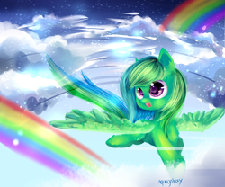 Size: 3000x2500 | Tagged: safe, artist:aquagalaxy, imported from derpibooru, oc, oc only, pegasus, pony, cloud, flying, high res, open mouth, open smile, pegasus oc, rainbow, smiling, solo