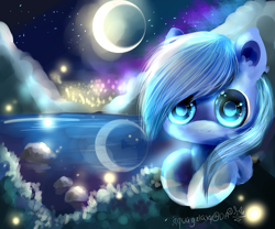 Size: 3000x2500 | Tagged: safe, artist:aquagalaxy, imported from derpibooru, oc, oc only, pony, crescent moon, front view, high res, looking at you, lying down, moon, night, prone, solo, water