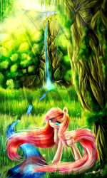 Size: 3000x5000 | Tagged: safe, artist:aquagalaxy, imported from derpibooru, fluttershy, pegasus, pony, crepuscular rays, female, forest, high res, lidded eyes, long mane, long tail, mare, river, solo, stream, tail, water, waterfall