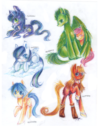 Size: 2500x3000 | Tagged: safe, artist:aquagalaxy, imported from derpibooru, scootaloo, oc, oc:asterisk, oc:emerald rescue, oc:jediel, oc:starlet nightwind, pegasus, pony, unicorn, simple background, sketch, traditional art, white background