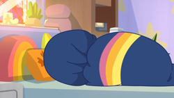 Size: 1070x602 | Tagged: safe, imported from derpibooru, screencap, sunny starscout, earth pony, pony, spoiler:g5, spoiler:my little pony: tell your tale, spoiler:tyts01e21, 2d, bed, blanket, female, g5, hiding, indoors, mare, my bananas, my little pony: tell your tale