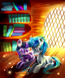 Size: 2500x3000 | Tagged: safe, artist:aquagalaxy, imported from derpibooru, twilight sparkle, oc, oc:vorpal sword, alicorn, pony, unicorn, book, canon x oc, golden oaks library, high res, horn, reading, twilight sparkle (alicorn)