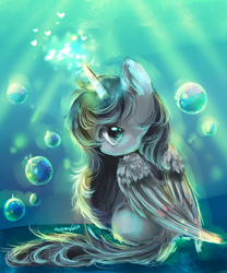 Size: 2500x3000 | Tagged: safe, artist:aquagalaxy, imported from derpibooru, oc, oc only, alicorn, pony, alicorn oc, bubble, female, filly, foal, high res, horn, looking back, sitting, solo, wings