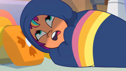 Size: 3410x1920 | Tagged: safe, imported from derpibooru, screencap, sunny starscout, earth pony, pony, spoiler:g5, spoiler:my little pony: tell your tale, spoiler:tyts01e21, blanket, female, g5, hiding, high res, mane stripe sunny, mare, my bananas, my little pony: tell your tale, open mouth, sad, solo, youtube link