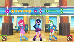 Size: 600x338 | Tagged: safe, imported from derpibooru, pinkie pie, rainbow dash, twilight sparkle, human, equestria girls, equestria girls (movie), boots, cafeteria, clothes, cutie mark on clothes, female, game, gameloft, heart, minigame, multicolored hair, my little pony: magic princess, rainbow hair, shoes, skirt, wondercolt ears, wondercolt tail, wondercolts uniform