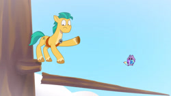 Size: 3410x1920 | Tagged: safe, imported from derpibooru, screencap, hitch trailblazer, earth pony, pony, raccoon, spoiler:g5, spoiler:my little pony: tell your tale, spoiler:tyts01e21, cartoon physics, coat markings, duo, frown, g5, gem, high res, male, my bananas, my little pony: tell your tale, pinpoint eyes, raccoonicorn, socks (coat markings), stallion, tree, tree branch, youtube link