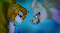 Size: 1280x720 | Tagged: safe, artist:zephyrskiesva, imported from derpibooru, adagio dazzle, pony, siren, unicorn, bubble, chest fluff, crepuscular rays, digital art, fangs, female, horn, looking at each other, looking at someone, mare, ocean, open mouth, orange mane, purple eyes, sad, self paradox, self ponidox, solo, underwater, water, yellow eyes